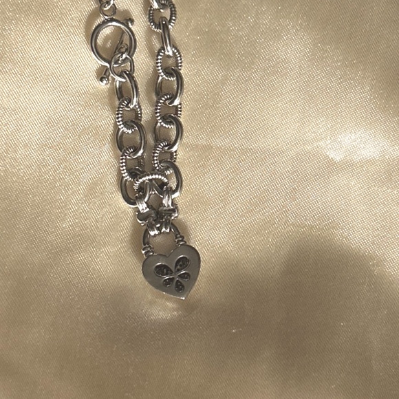 Sterling Silver 925 Diamond Heart Charm Rolo Link Toggle Bracelet Signed KRN - Picture 10 of 16